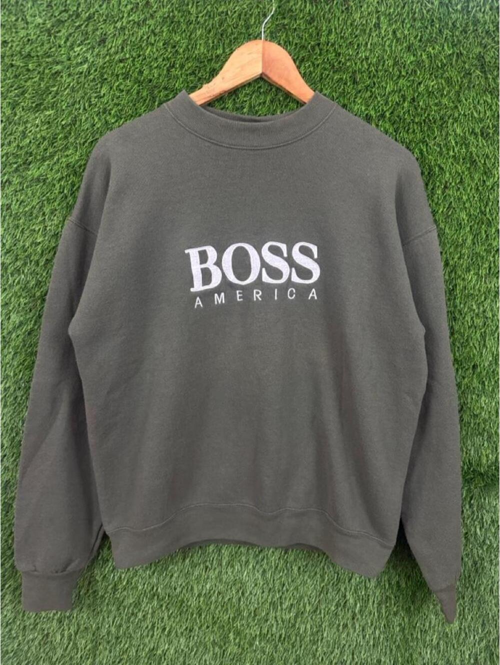 Vintage Boss America Crewneck Sweatshirt Charcoal Spell Out Pullover